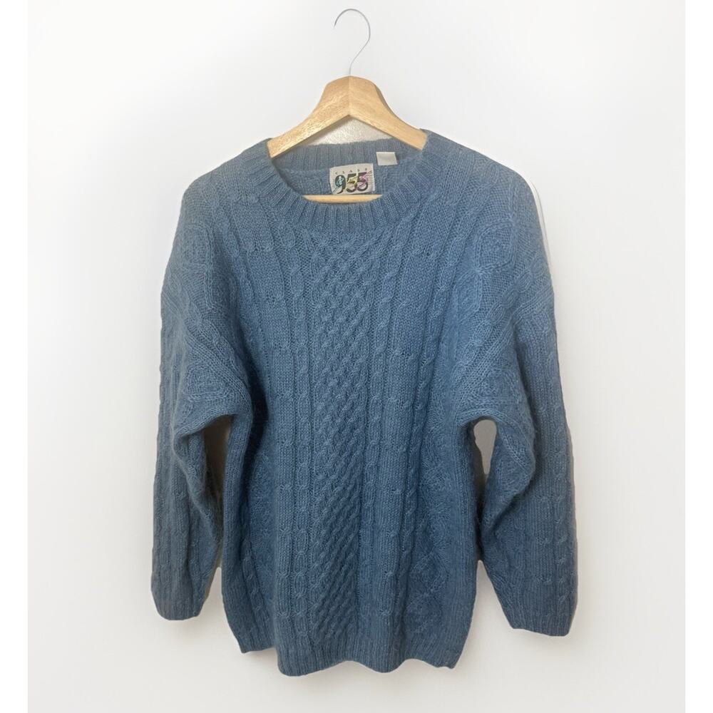 Vintage 80s Mohair Sweater Blue Cable Knit Fisherman Crew Preppy Coastal Medium
